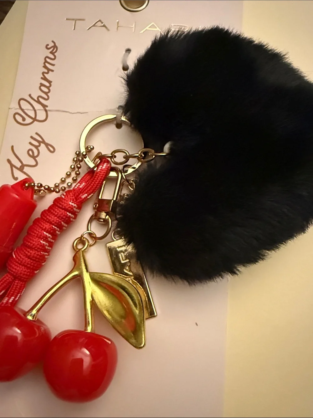 Tahari Red Cherry Kiss Lipgloss Keychain Bag Charm Cherry Plush Heart